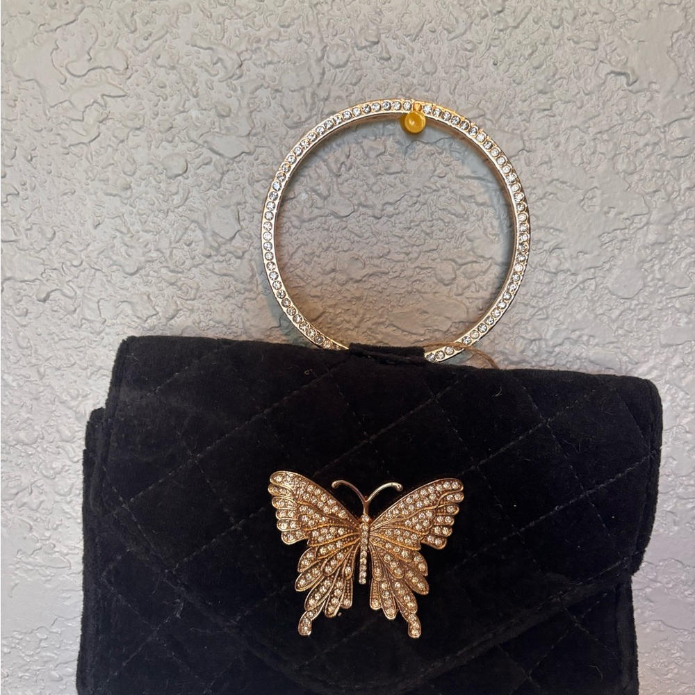 PrettyLittleThing Black Clutch with Gold Butterfly Accent